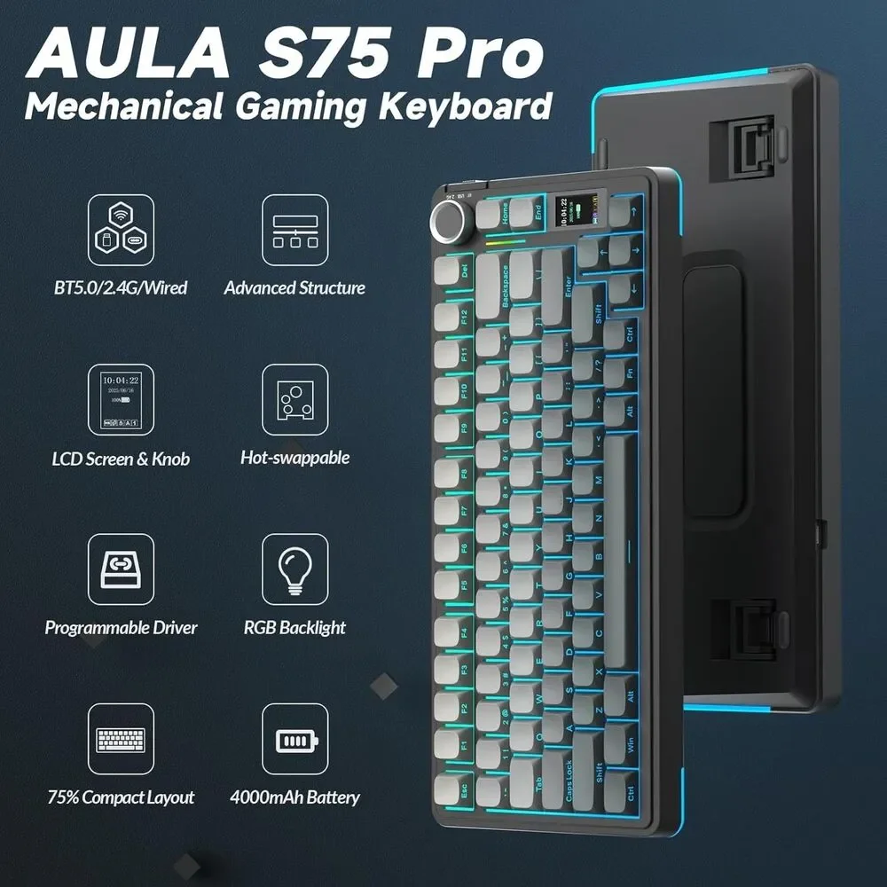 AULA S75 Wireless Gaming Keyboard Mechanical 75% Hot Swap Tri-Mode RGB Backlit